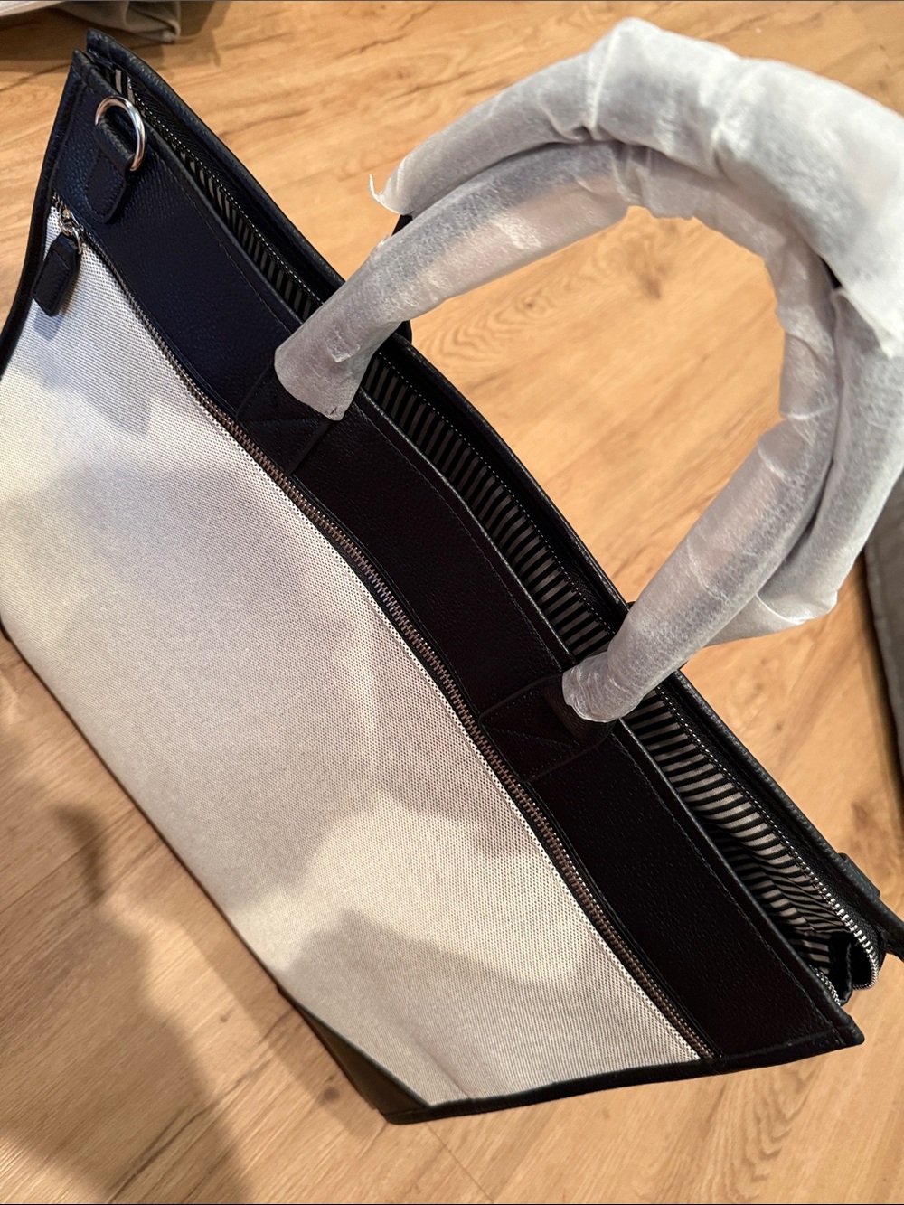 Brand New Canvas and Faux Leather Large Tote Bag in Black and Cream